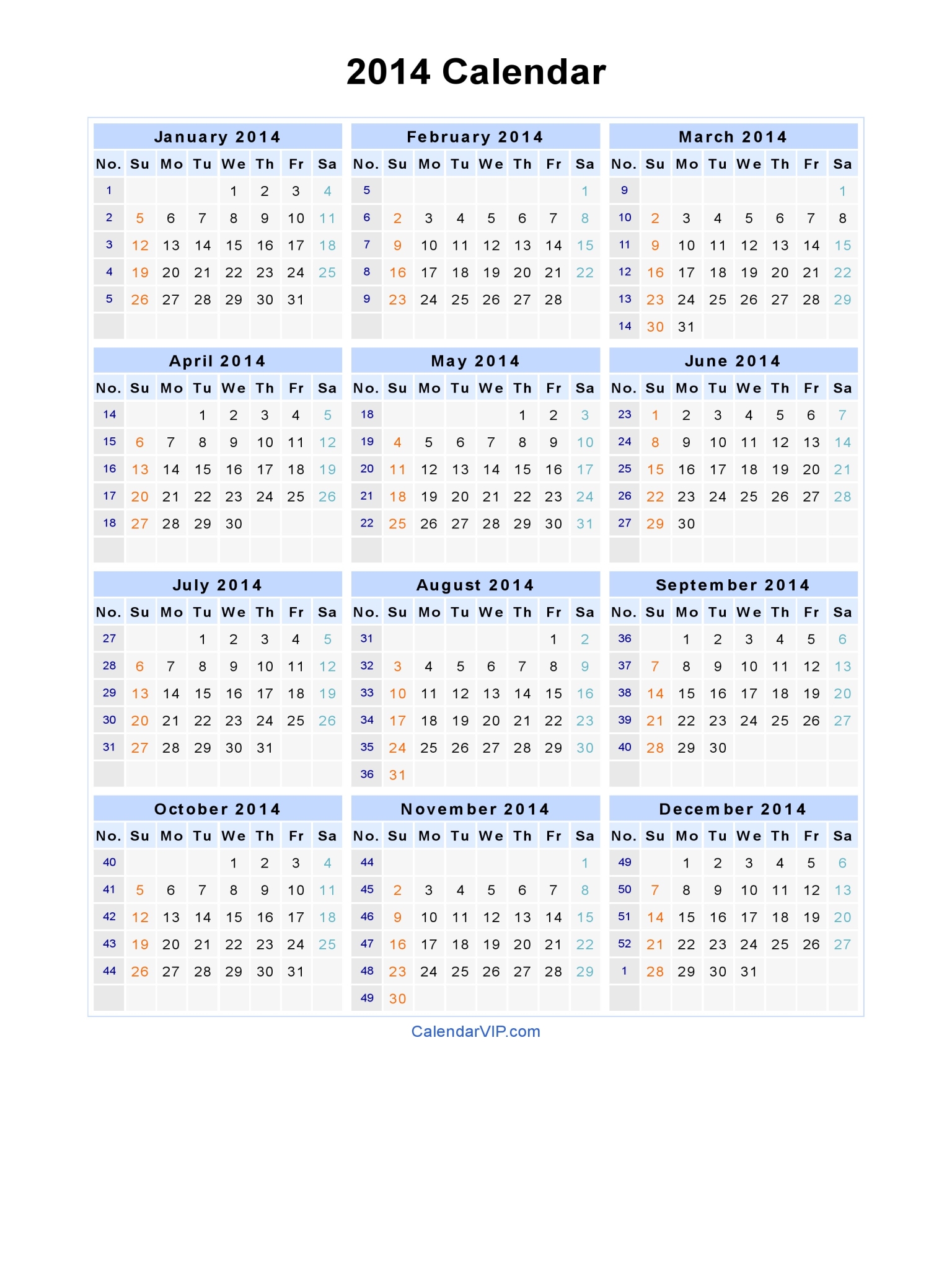 2014 Calendar Blank Printable Calendar Template in PDF Word Excel