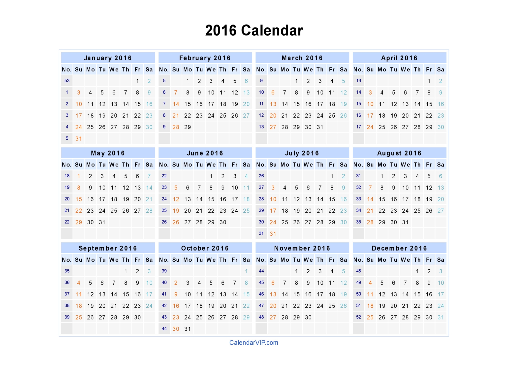 straal schattig R 2016 Calendar - Blank Printable Calendar Template in PDF Word Excel