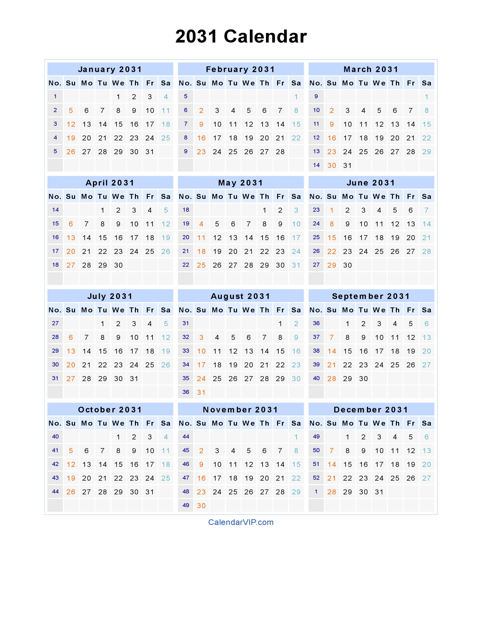 2031 Calendar Blank Printable Calendar Template In Pdf Word Excel