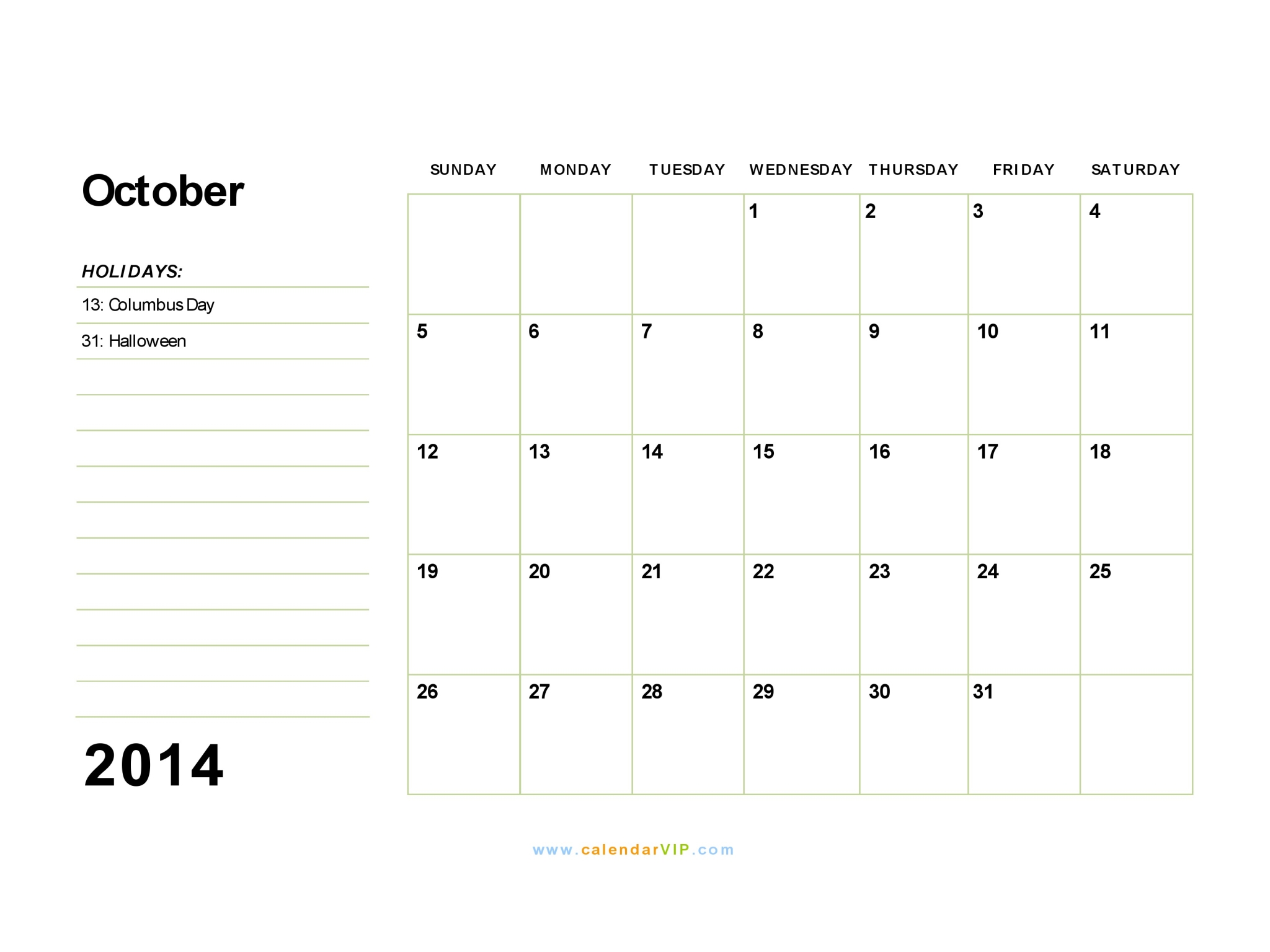 October 2014 Calendar Blank Printable Calendar Template in PDF Word Excel