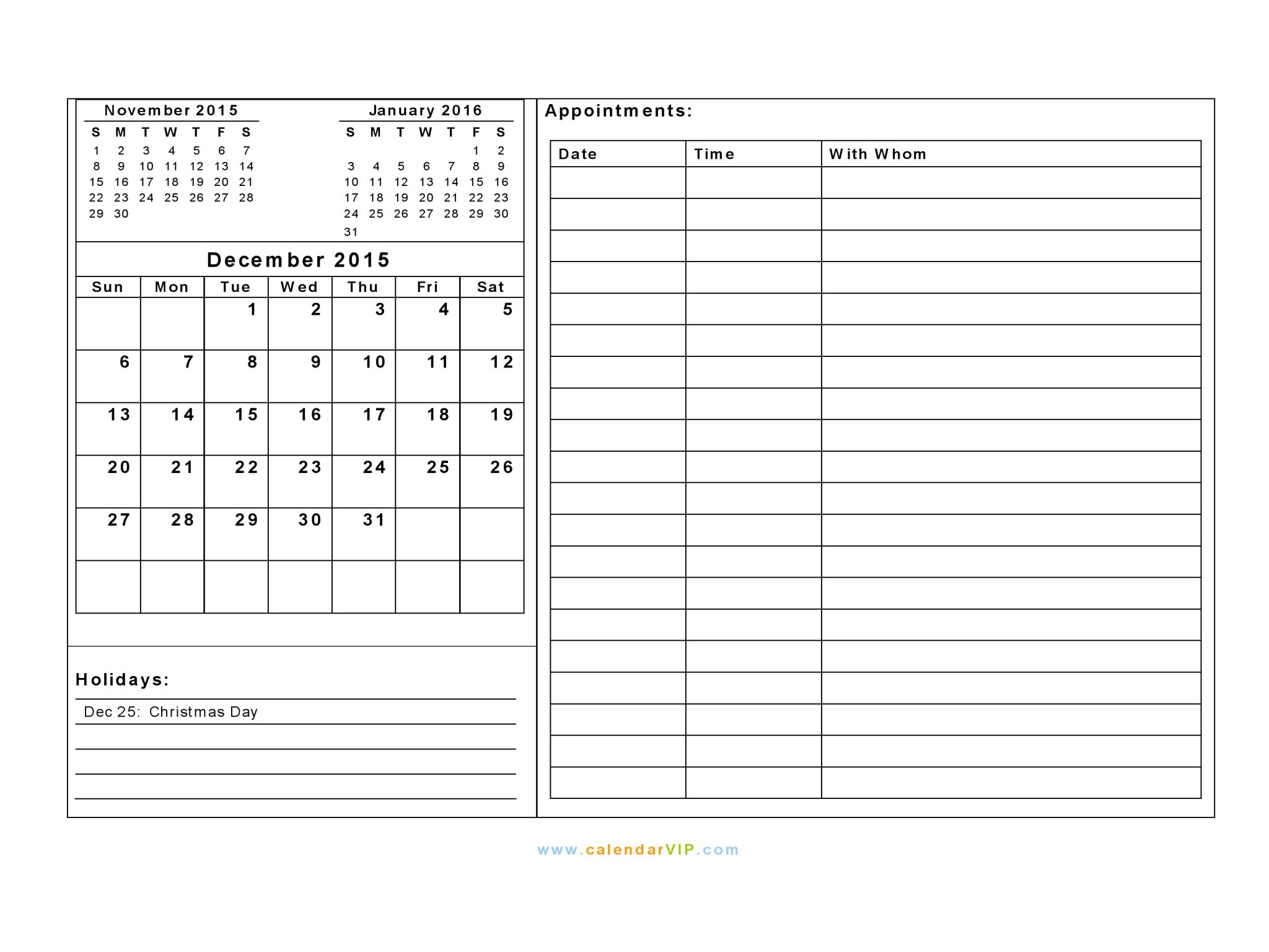 December 2015 Calendar Blank Printable Calendar Template in PDF Word