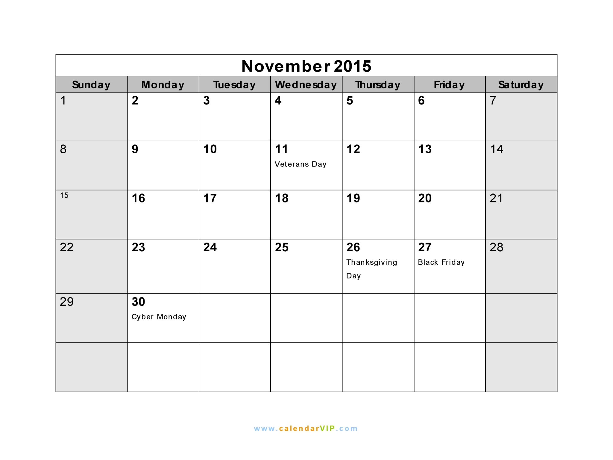 November 2015 Calendar Blank Printable Calendar Template in PDF Word